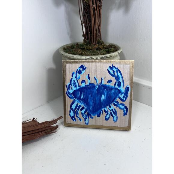 Lilly Inspired Crab Art Decor Blue Hand Painted Wall Art 5 x 5 Block Preppy - Picture 3 of 10